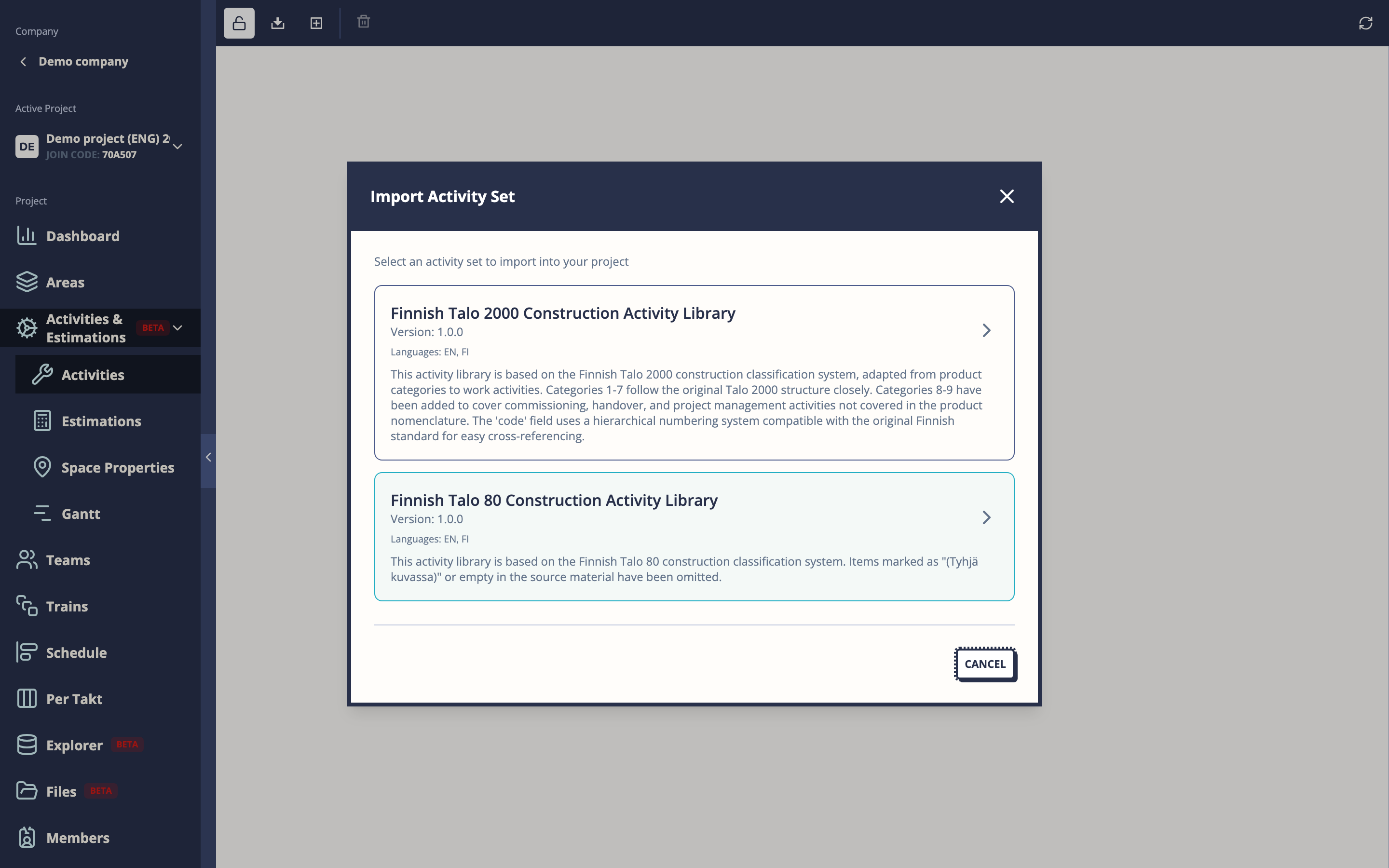 Import activity set modal