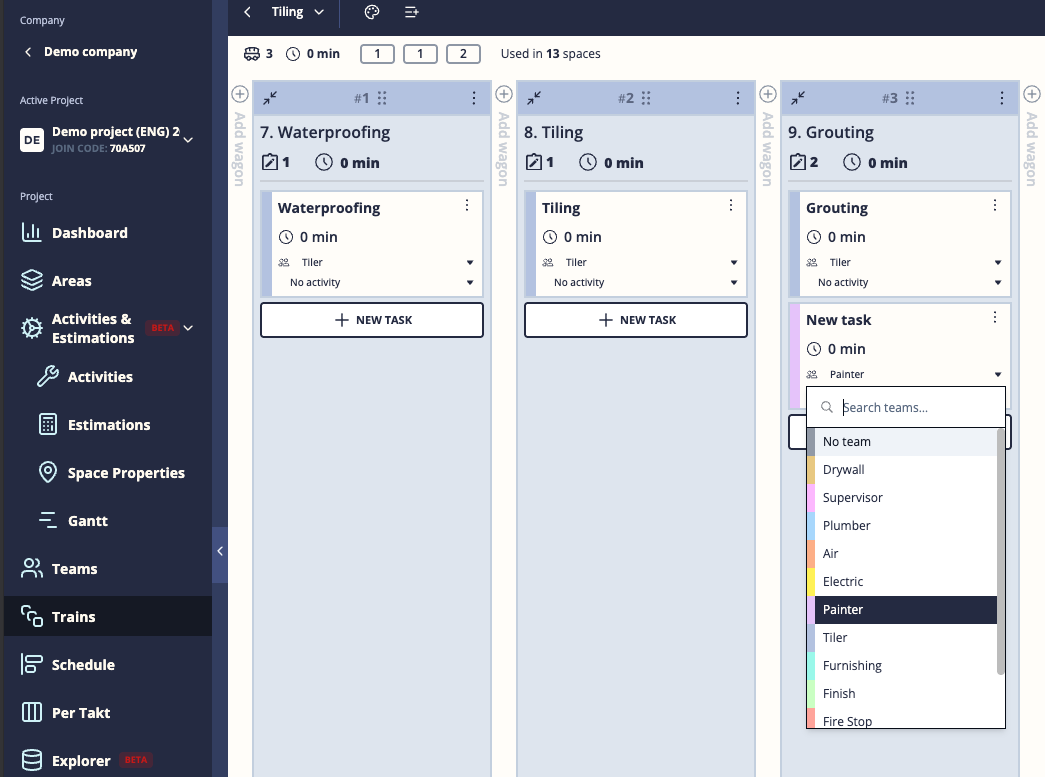 Adding tasks to wagons in a takt train template