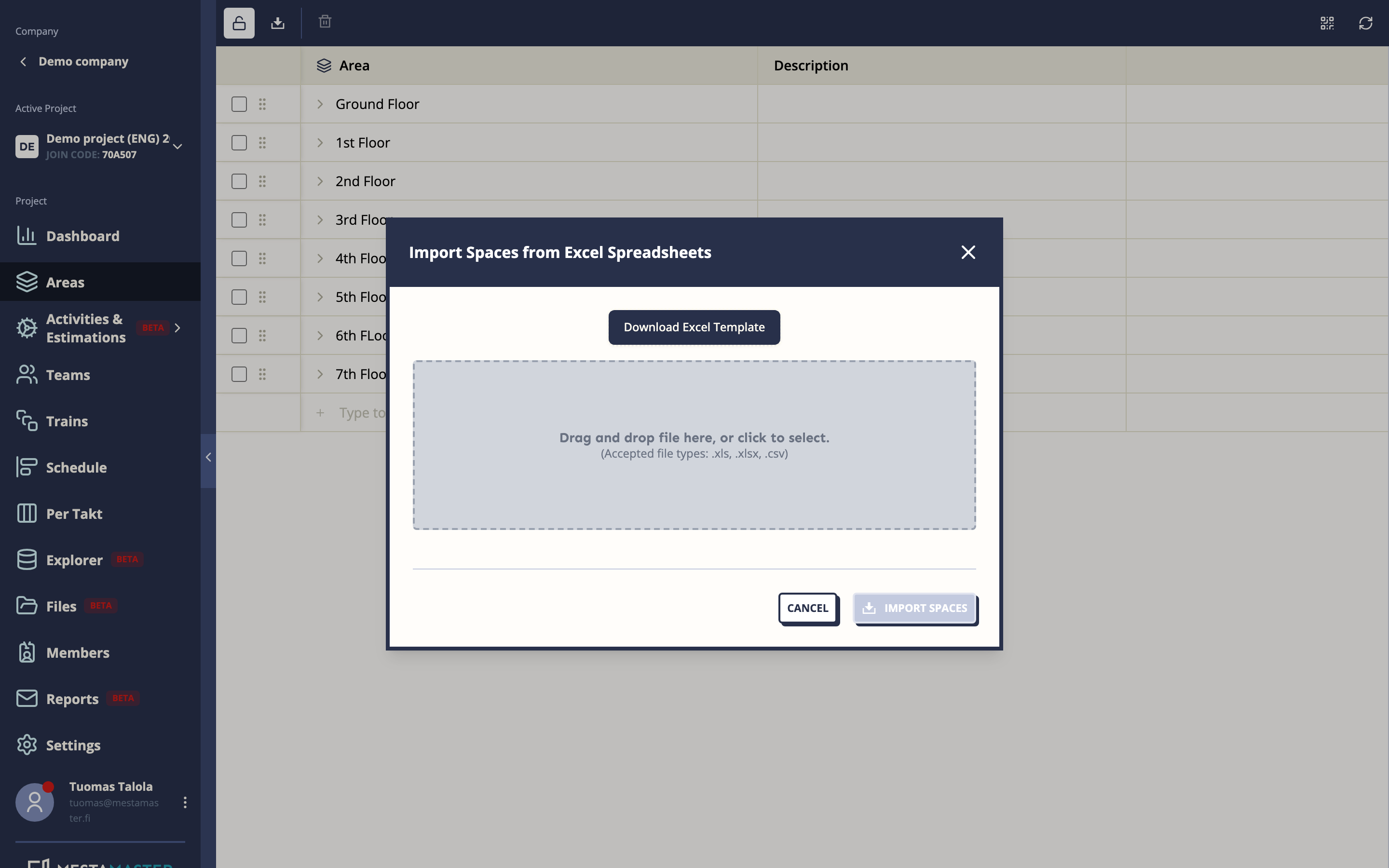 Import spaces modal with file drop zone