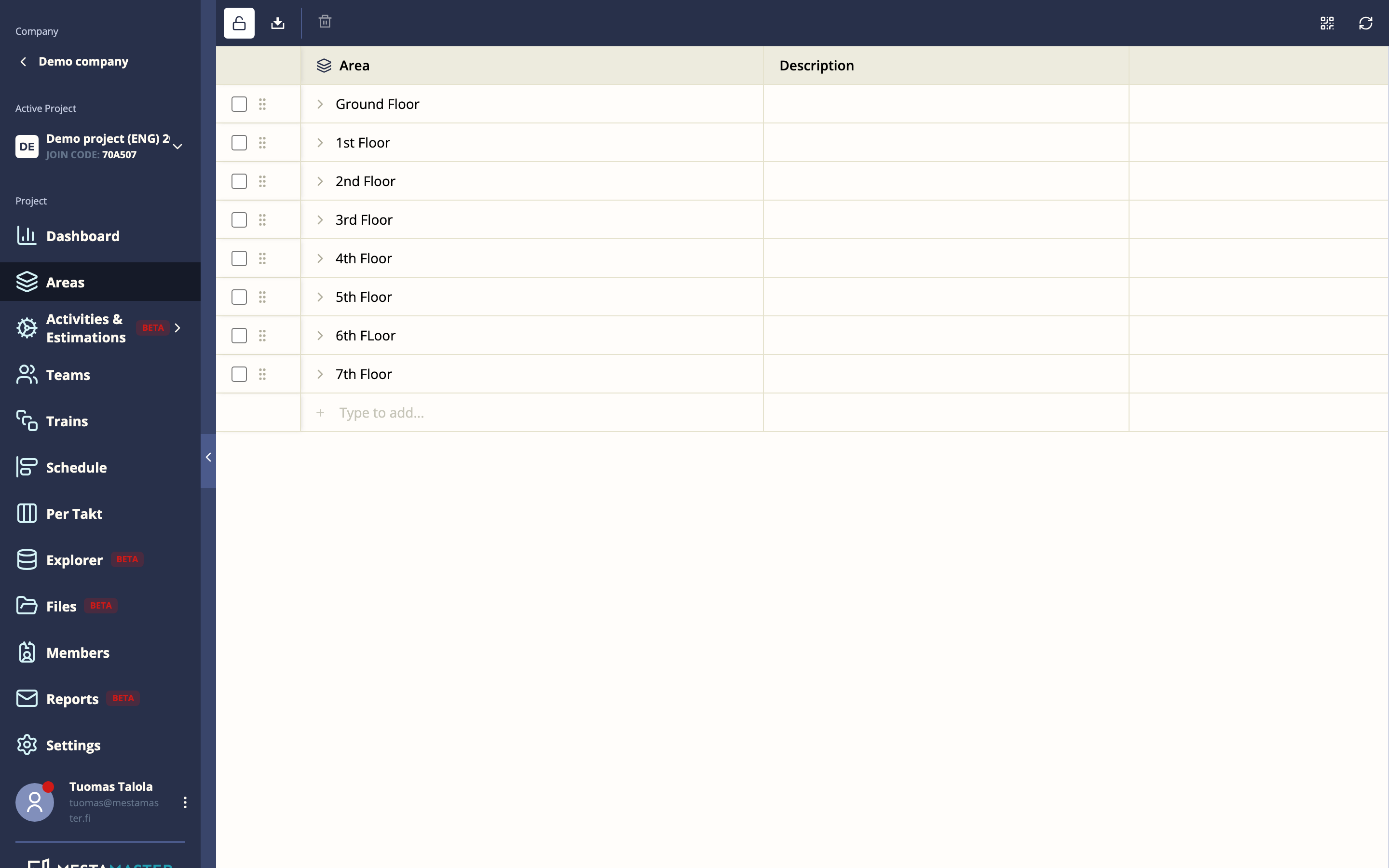 Areas page showing a space hierarchy with floors and apartments