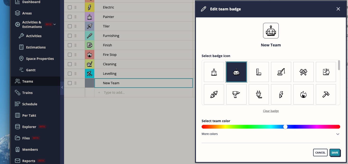 Team color and badge picker