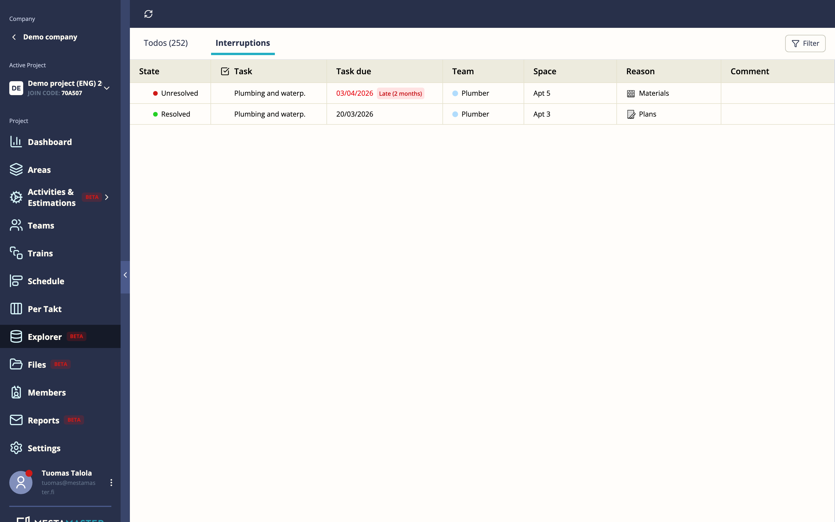 Explorer interruptions tab
