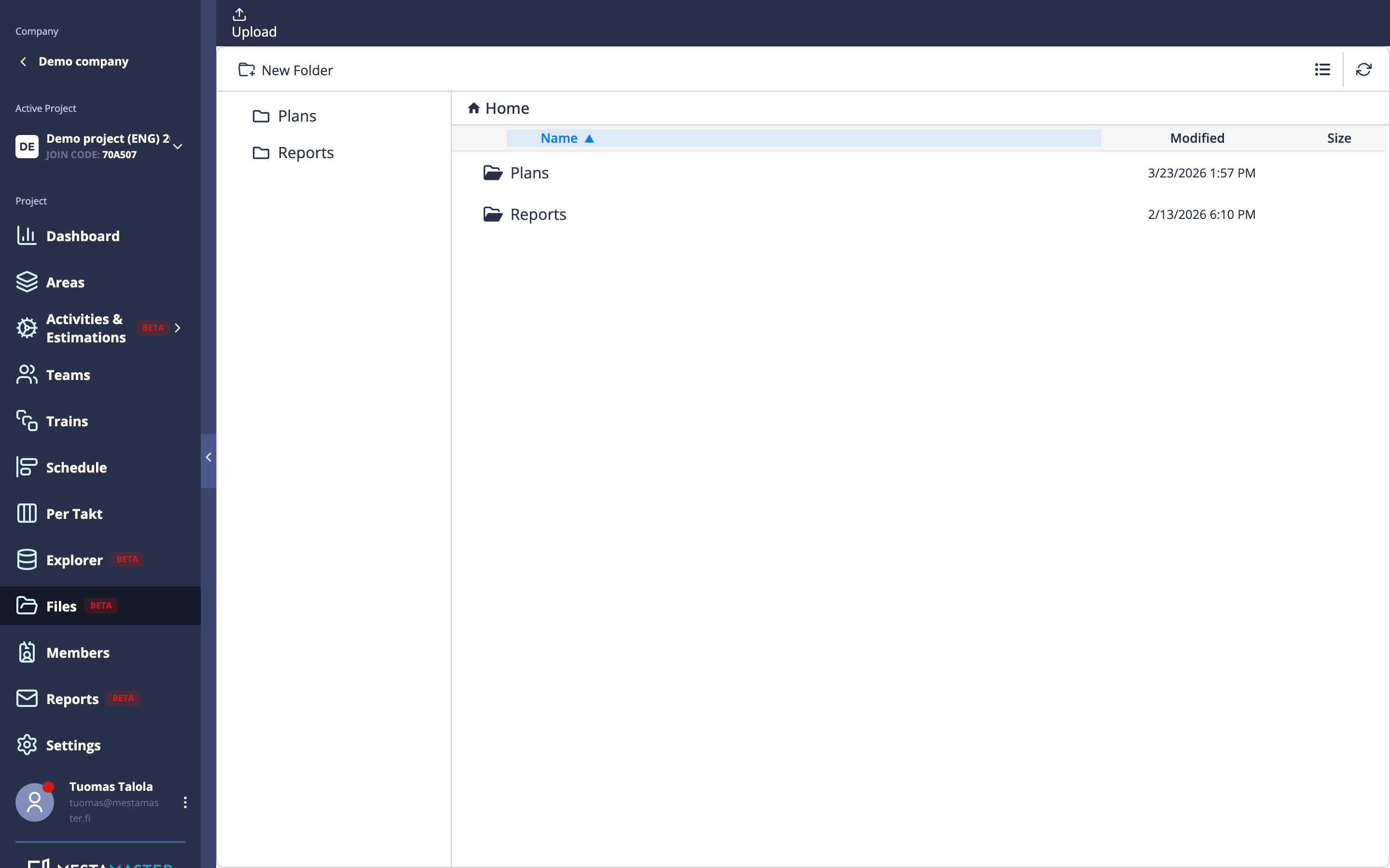 Project Files page showing folder structure