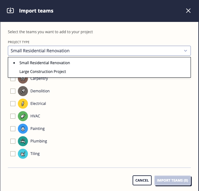 Suggest teams modal with project type selected