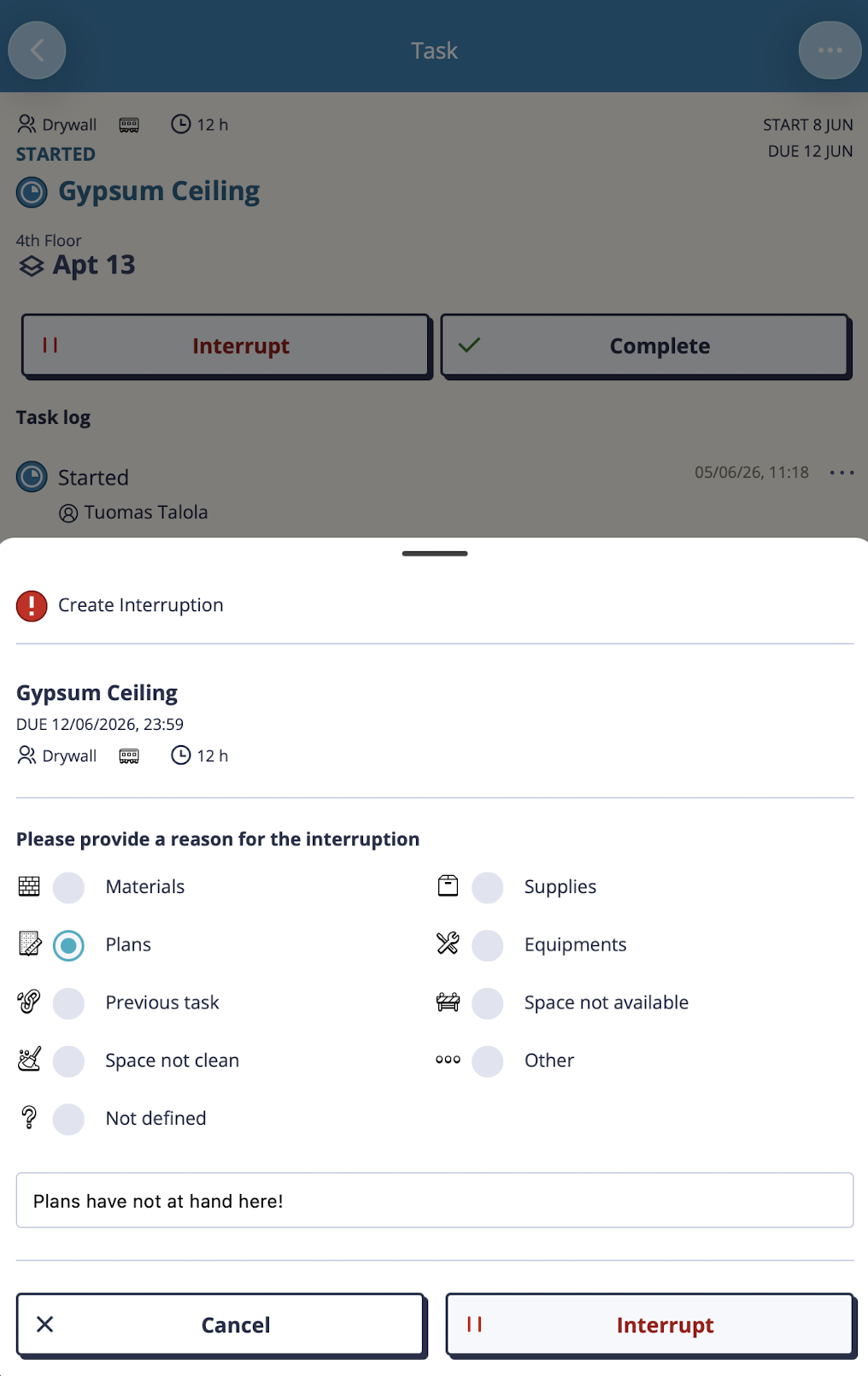 Interrupt modal open with reason options visible