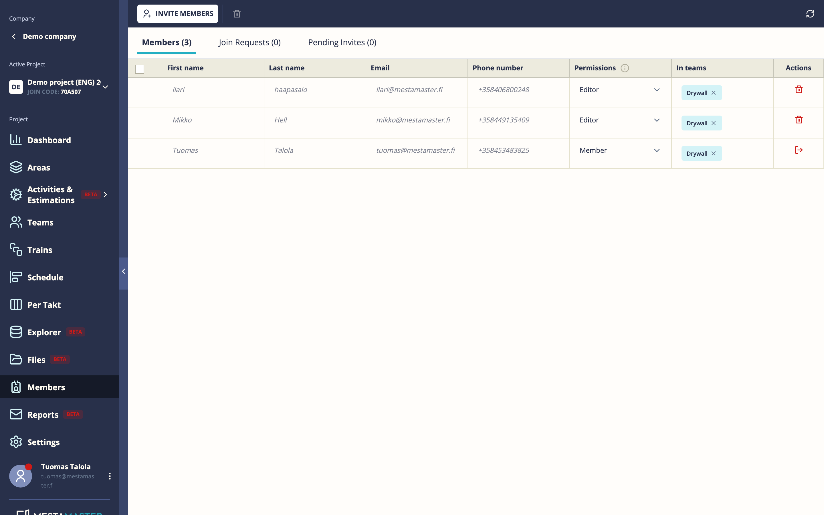 Project Members page showing members list