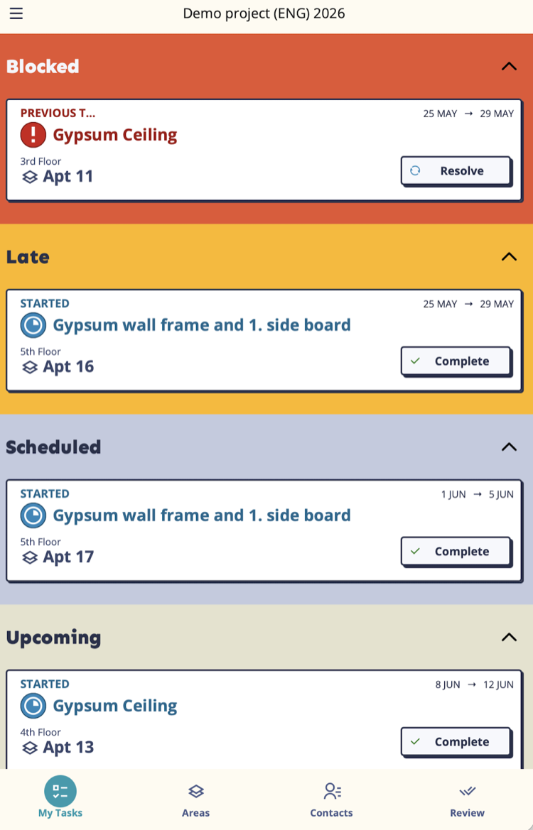 My Tasks screen showing tasks grouped by status