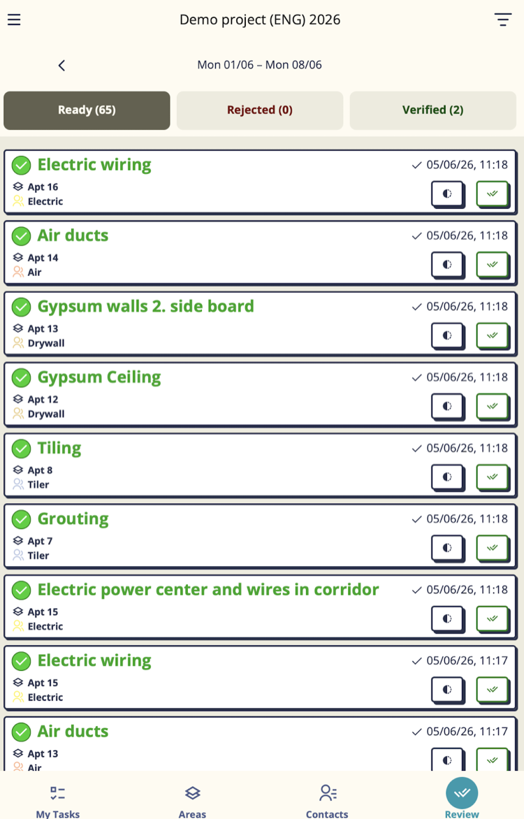 Task Review screen showing the Ready tab