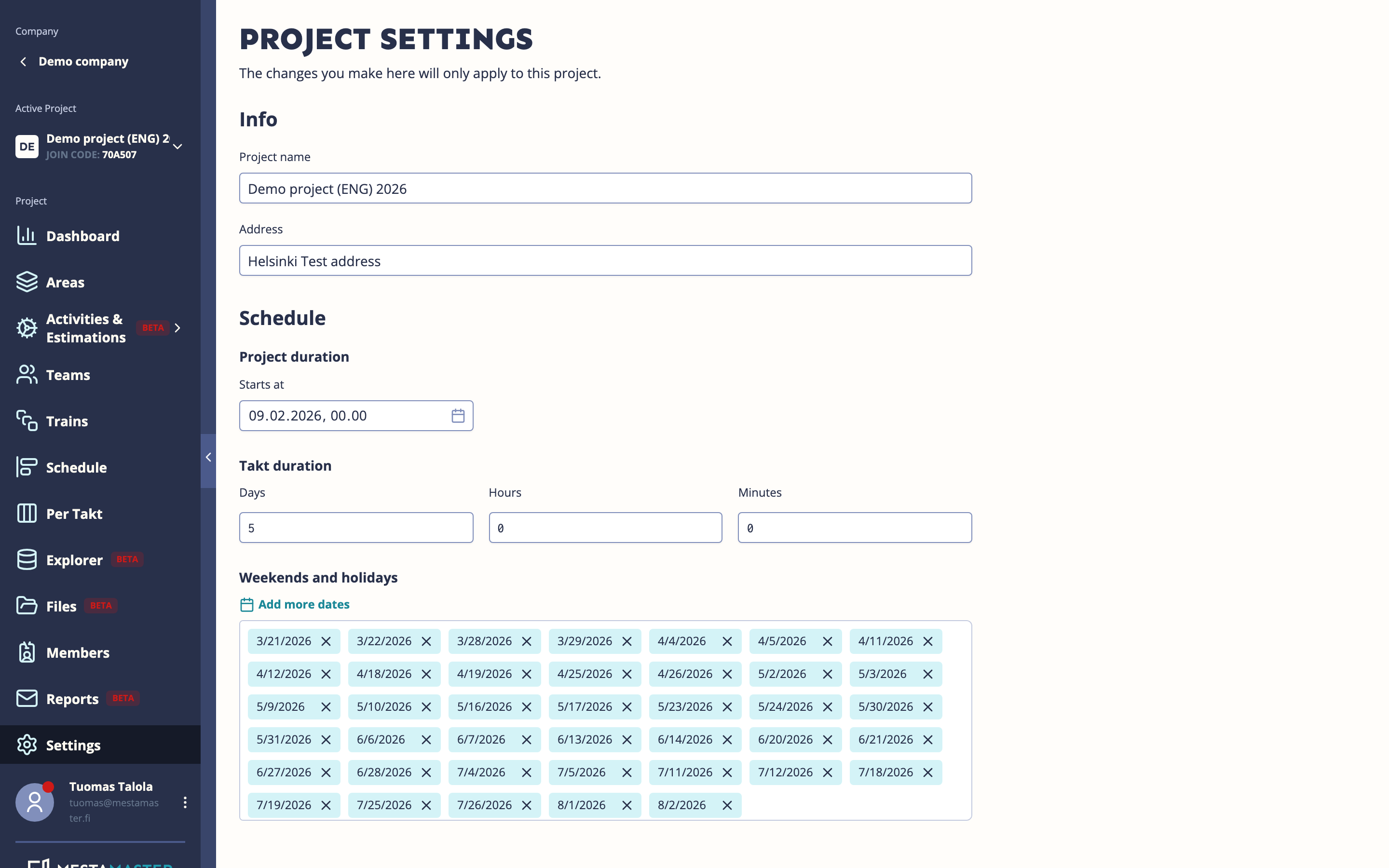 Project Settings form showing schedule configuration fields