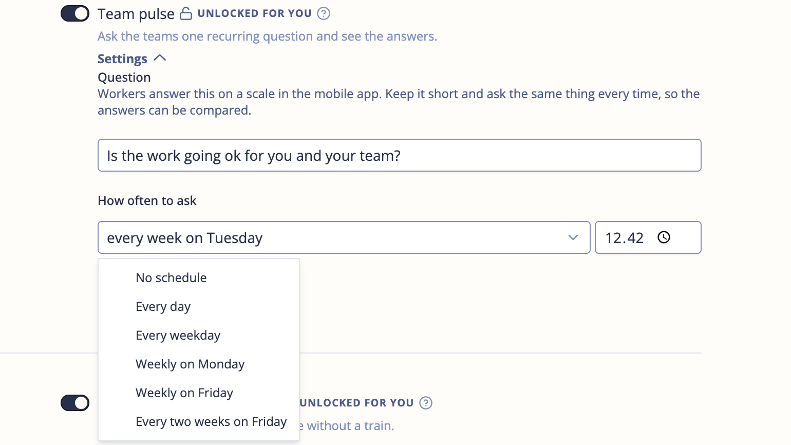 Team pulse toggle expanded, showing the Question field and the How often to ask schedule dropdown