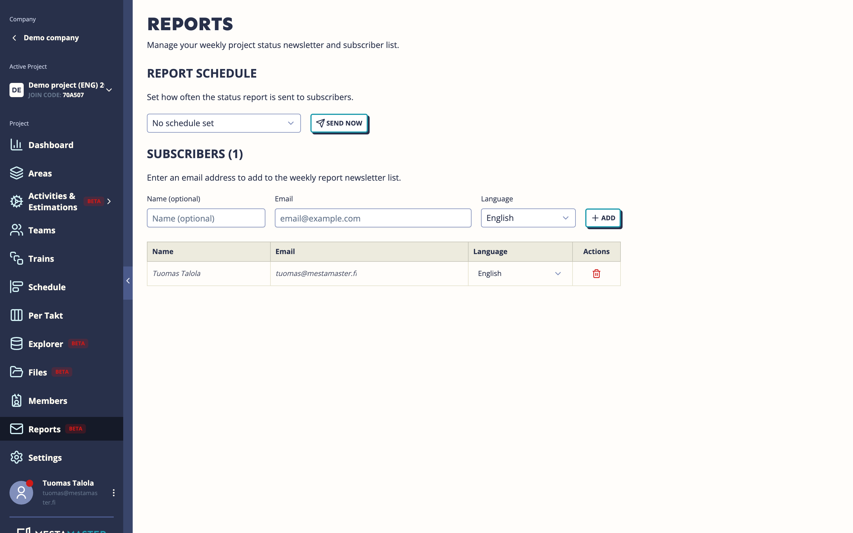 Reports page showing schedule and subscriber list