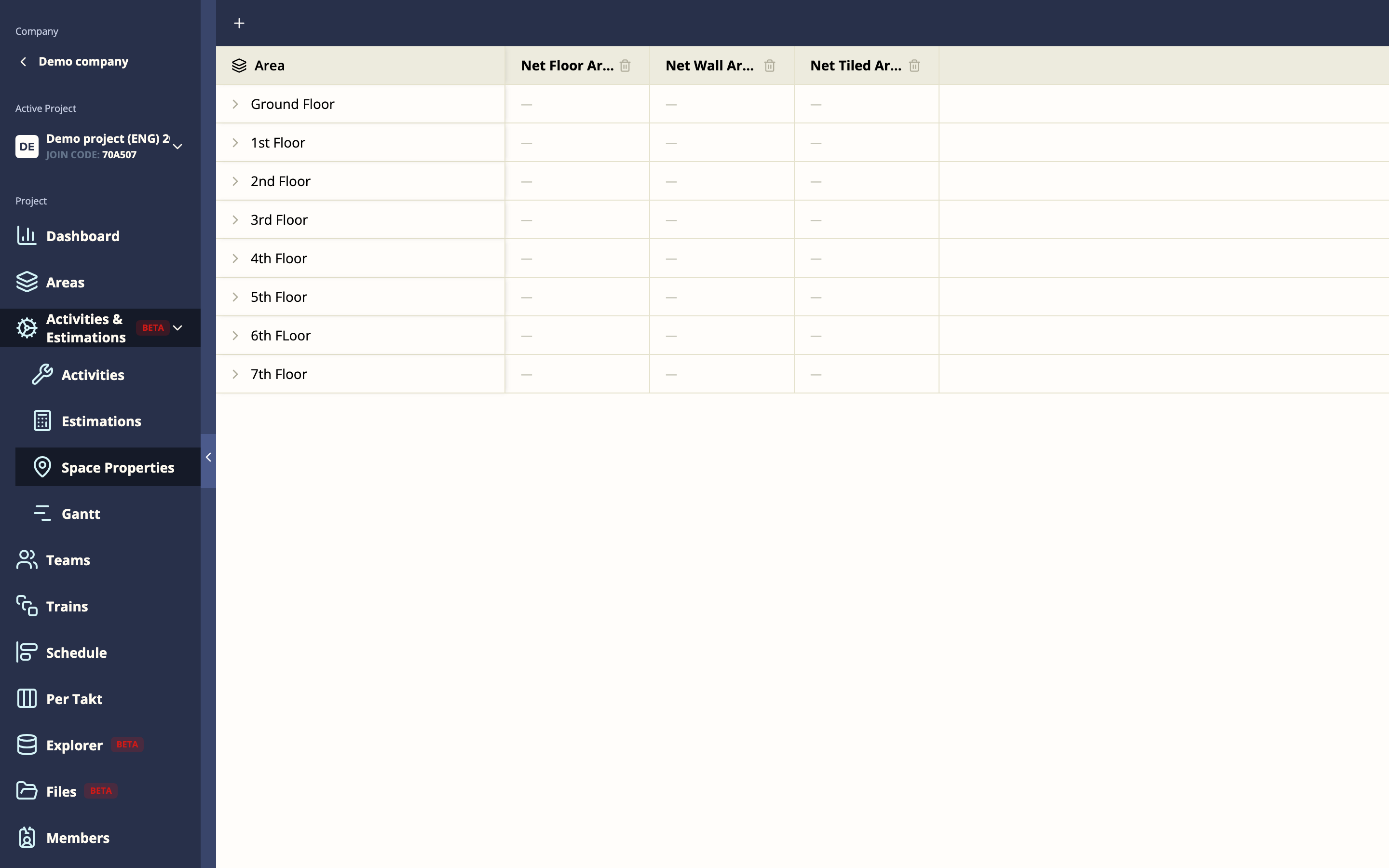Space Properties Matrix with spaces as rows and properties as columns
