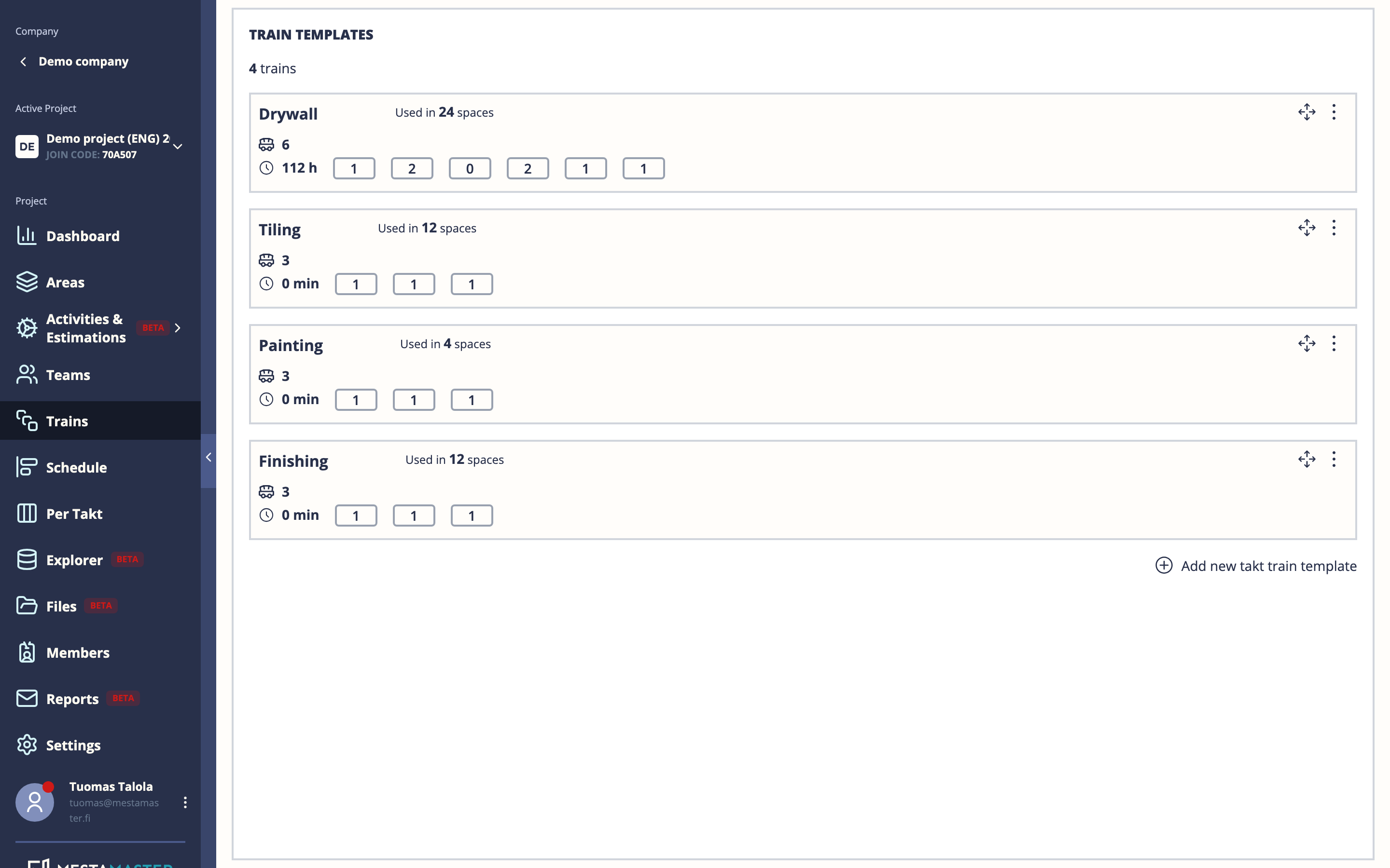 Takt Train Template dashboard showing list of templates