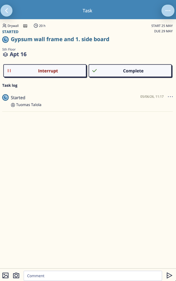 Task detail screen showing task info and Start button