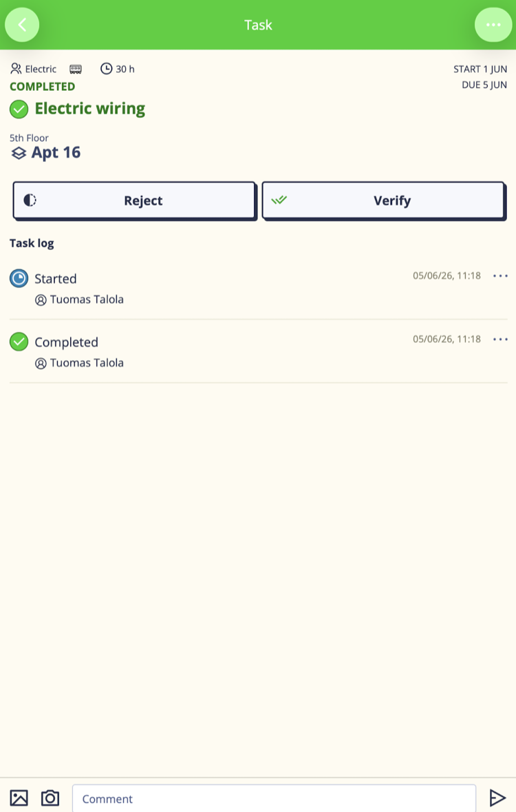 Task card in Ready state with verify/reject buttons