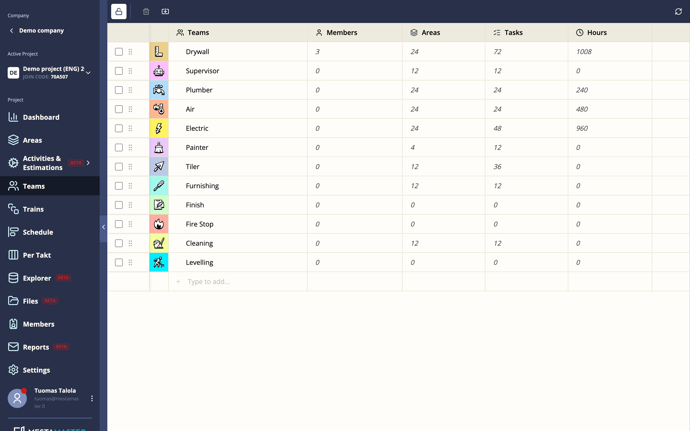Teams page showing team list with colors and badges