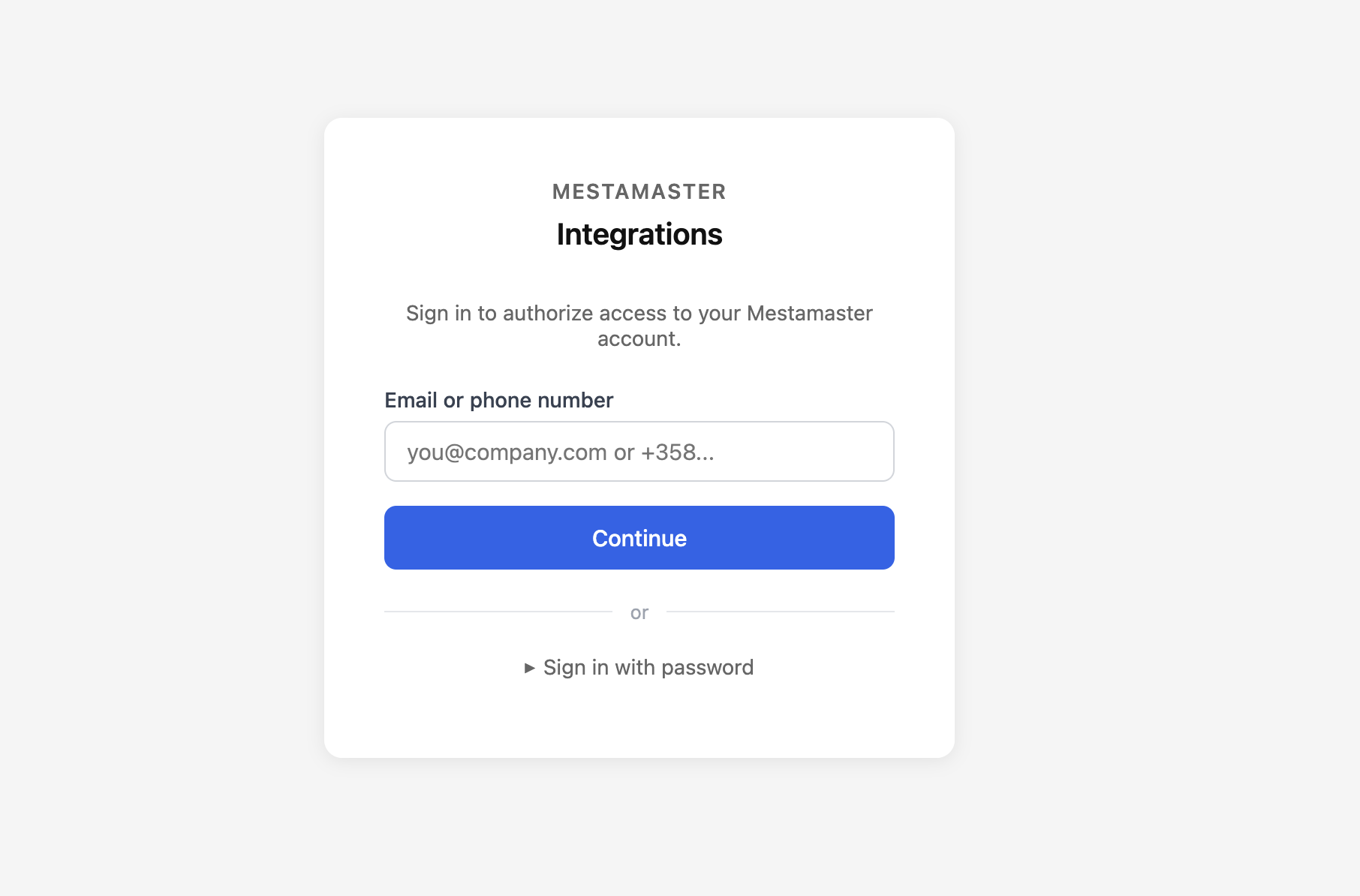 Mestamaster sign-in screen asking for email or phone number to authorize access