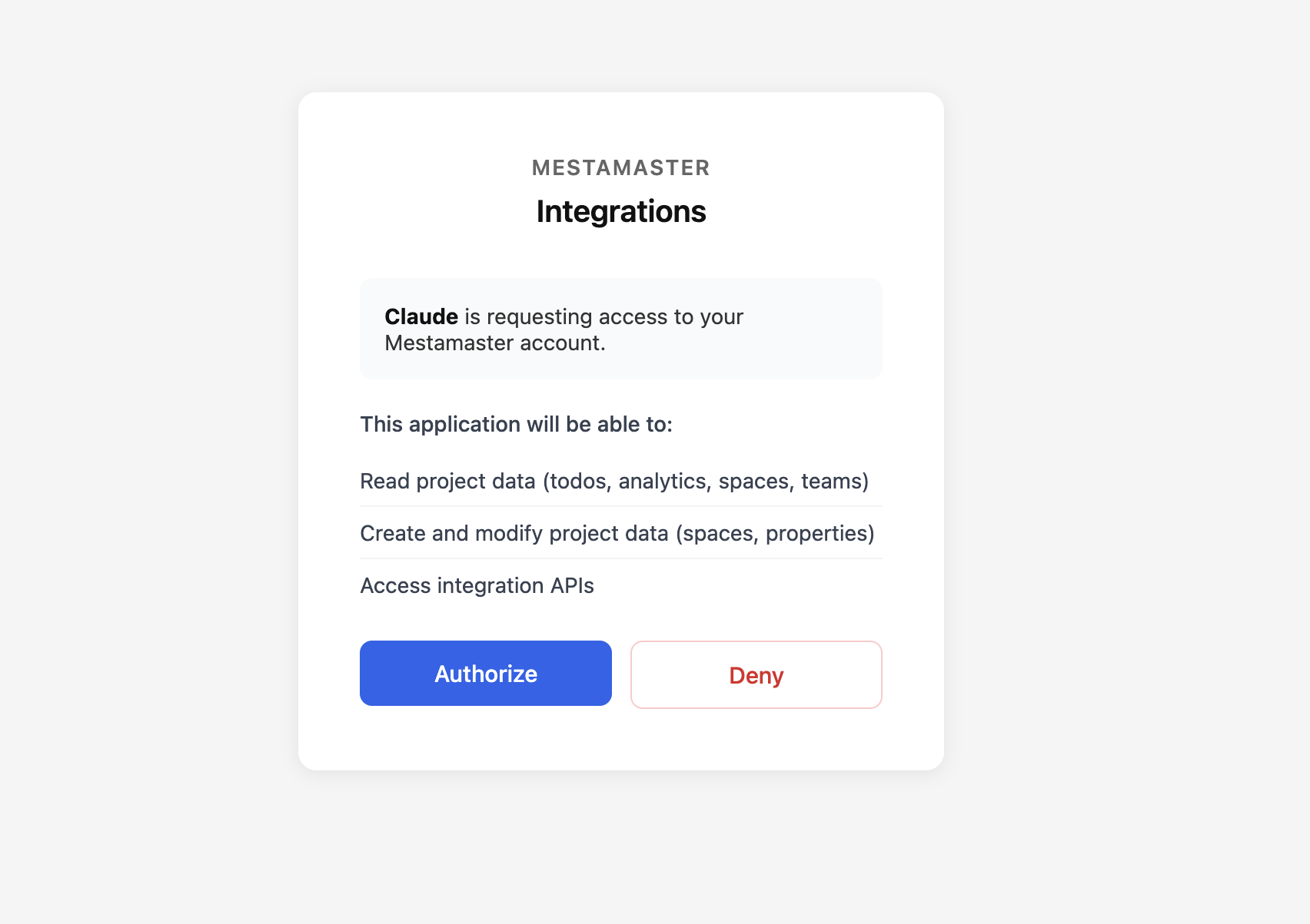 Mestamaster authorization screen listing the permissions Claude is requesting, with Authorize and Deny buttons